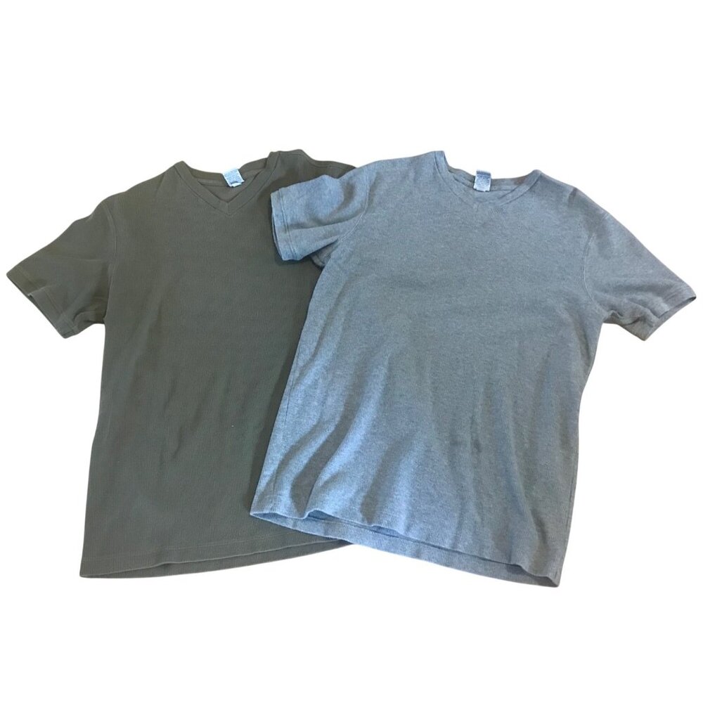 Old Navy Shirts Mens T-Shirt Lot of 2 Size Lrg Gray and Khaki 100% Cotton V-Neck